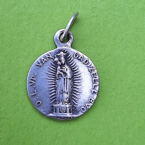 Religious vintage Catholic Belgium signed medal pendant of Note Dame de Dadizele and Child Jesus, Our Lady of Dadizele, Dadizele Belgium