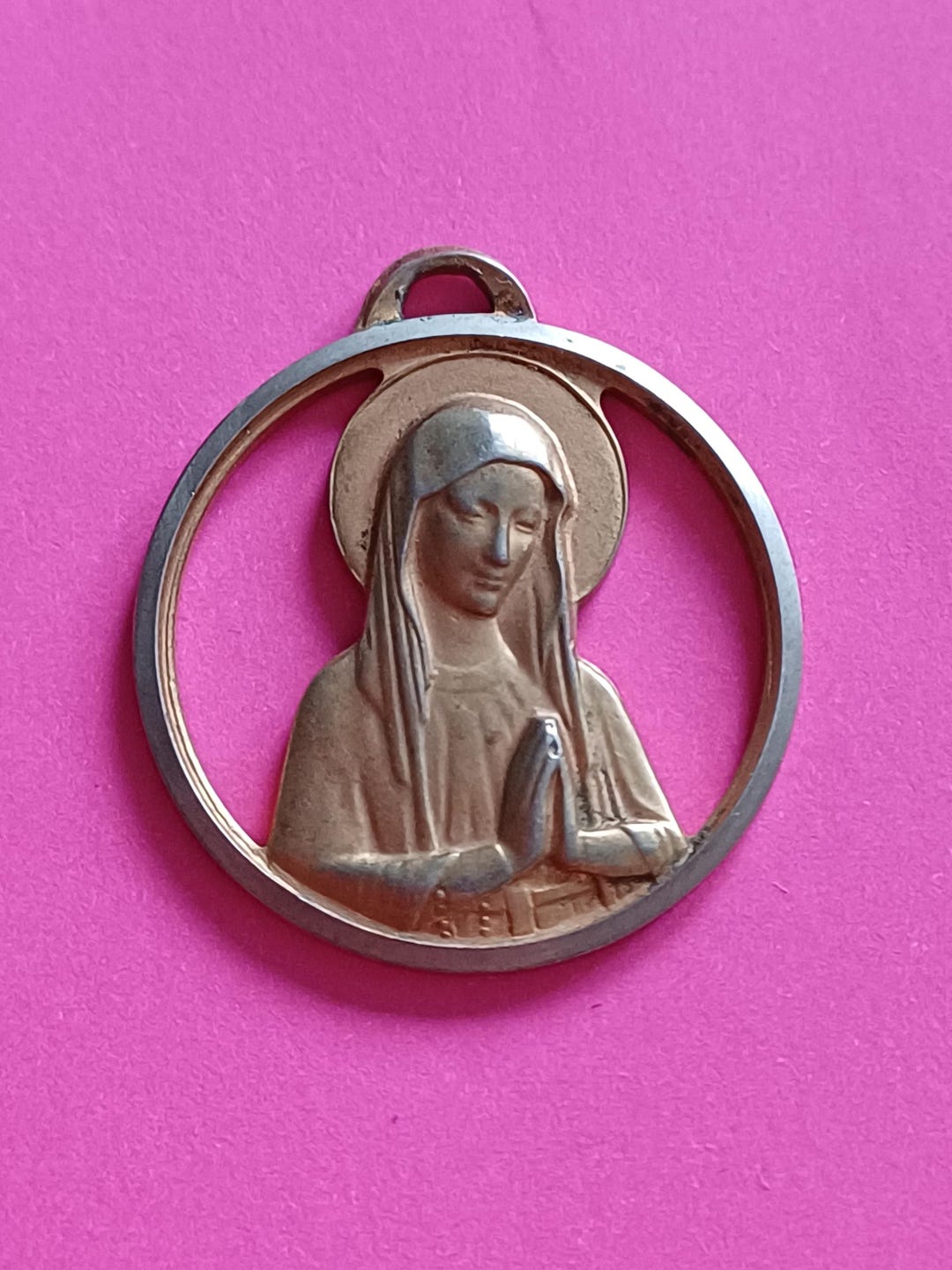 Vintage Religious Catholic French Gold Plated Medal Pendant Our Lady of ...