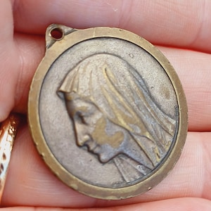 Vintage religious Catholic large brass medal pendant of Scala Sancta Roma and Our Lady, large Italian charm Our Lady