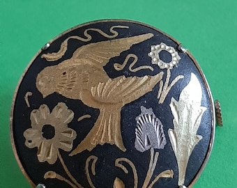 Vintage floral Toledo brooch, floral Damascene brooch, brooch black and gold with flowers and bird, floral old brooch, Toledo Damascene