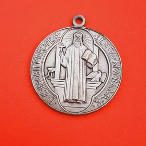 Vintage religious Catholic large silver plated medal pendant of Saint Benedict, St Benoit, St Benedictus, Saint Benedict medal, Pax medal