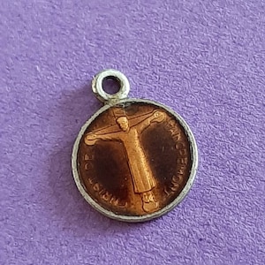 Vintage religious Catholic silver plated and brown/orange enamel medal pendant of Jesus Christ Crucifix, Christ de Tancrémont