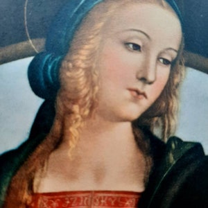 Vintage religiöse katholische Postkarte von Madonna Perugino, Unsere Liebe Frau von Perugino, 1964, Madonna Gebetskarte, religiöse Postkarte Unserer Lieben Frau