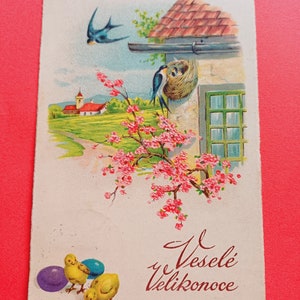 Cartolina colorata floreale ceca vintage per Pasqua, vecchia cartolina pasquale, cartolina di rondine