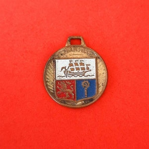 Vintage brass and enamel medal pendant of Saint Jean de Luz, medal coat of arms of Saint-Jean-de-Luz, heraldry charm, crest of France