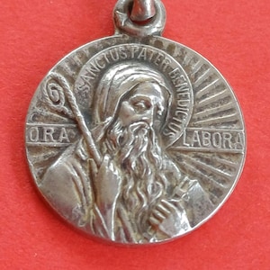 Vintage religious Catholic silver plated medal pendant of Saint Benedict, St Benoit, St Benedictus, vintage Saint Benedict medal pendant