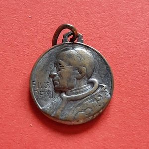 Vintage religious Catholic Vatican brass medal pendant of Our Lady of Perpetual Help with Child and Pope Pius XII, medal Rome Italy,