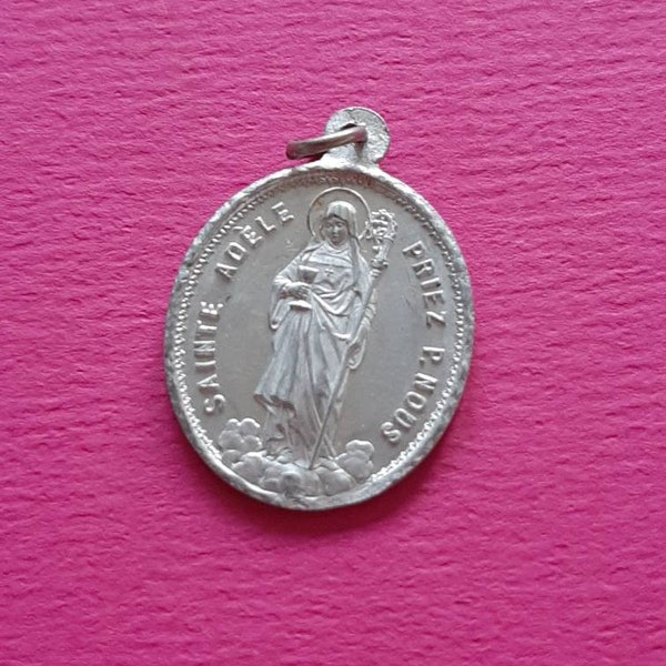 Vintage religious rare aluminum medal pendant of St Adele, Sainte Adele and Our Lady of the Rosary