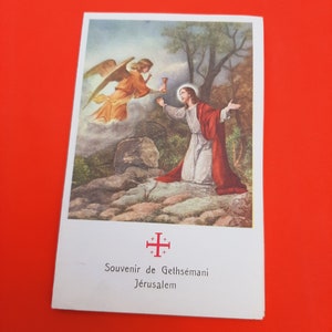 Vintage religiöse katholische Heilige Gebetskarte von Jerusalem, Heilige Gebetskarte, einschließlich Olivenblatt aus dem Heiligen Land, Garten von Gethsemane