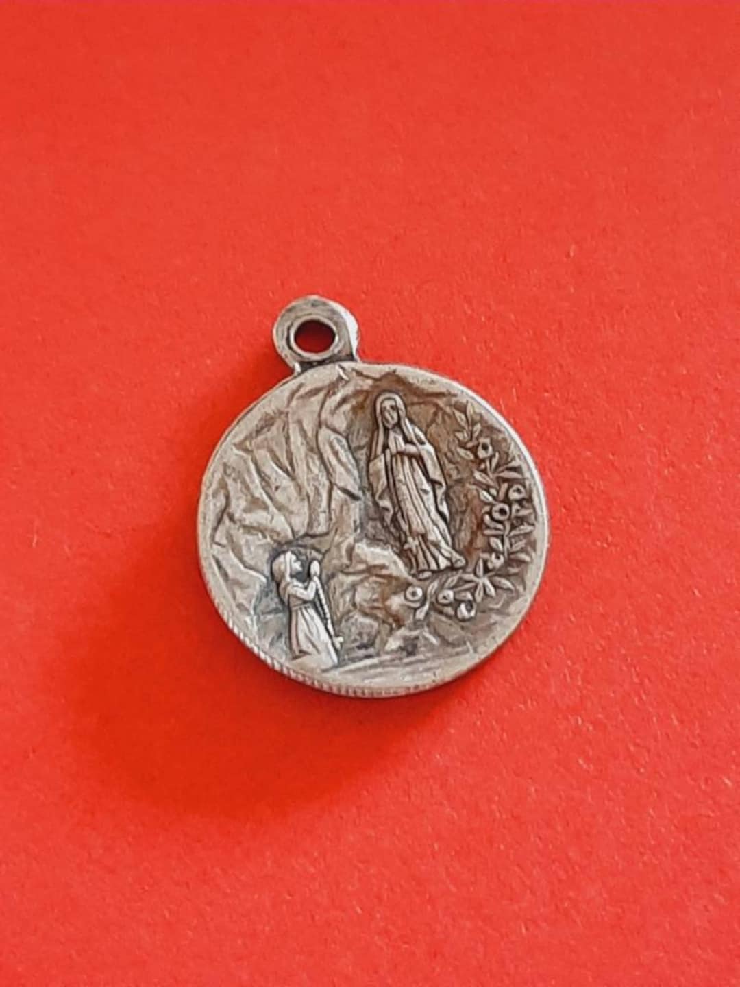 Vintage Religious Catholic French Floral Silver Plated Art Medal of Our ...