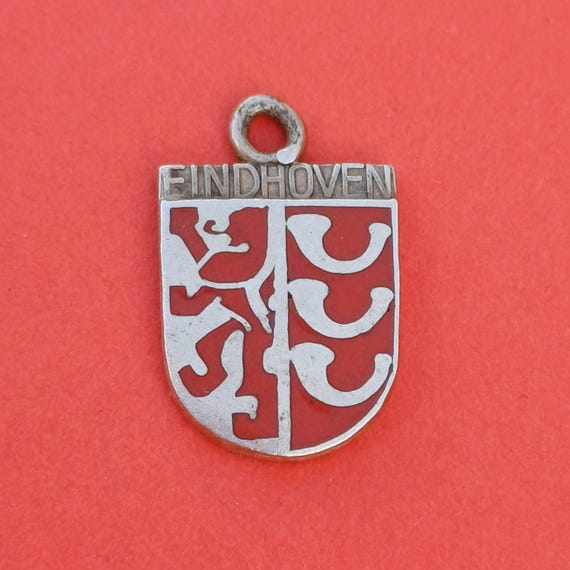 Vintage Dutch silver and enamel travel shield charm of Eindhoven, souvenir Eindhoven, vintage Eindhoven, Noord Brabant, heraldry Eindhoven