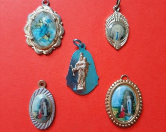 Mix vintage religious Catholic colorful medal pendants, religious mix charms, St Christopher charm, Our Lady charms