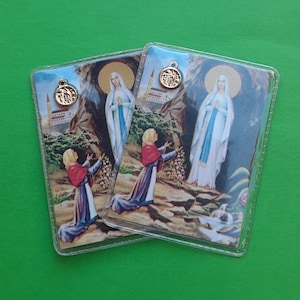 Vintage religieux scellé dans des cartes en plastique (2) avec pendentif médaille, une rose rouge et un texte néerlandais et allemand ; Notre-Dame de Lourdes, priez pour nous