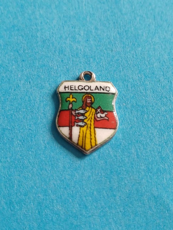 Vintage German silver and enamel travel shield charm of Helgoland, Helgoland souvenir charm, crest Helgoland