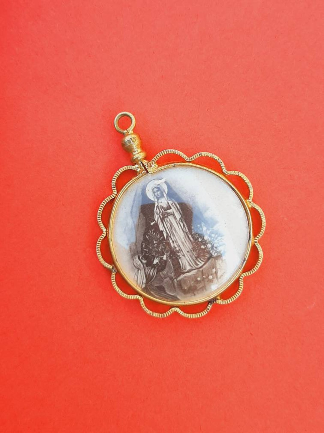 Vintage Religious Catholic French Brass Pendant Charm of Our Lady of ...