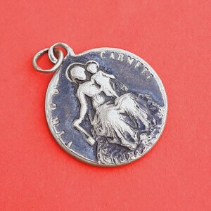 Antique religous Catholic silver plated charm of Cor Jesu and Virgo Carmeli, Our Lady of Carmeli and Jesus Christ Sacred Heart medal pendant