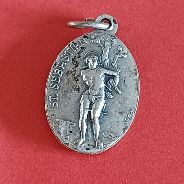 Vintage religious Catholic Italian oval silver plated medal pendant of Paules VI and St Sebastian, St Sebastianus charm