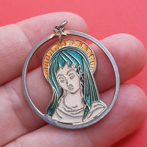 Vintage religious Catholic openworked enamel charm of Our Lady, Virgin charm, old enameled Our Lady charm