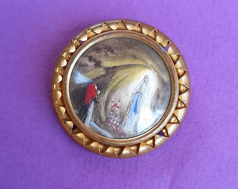 Vintage religious French Catholic copper brooch of Our Lady of Lourdes and Saint Bernadette of Lourdes France, old colorful Lourdes scene