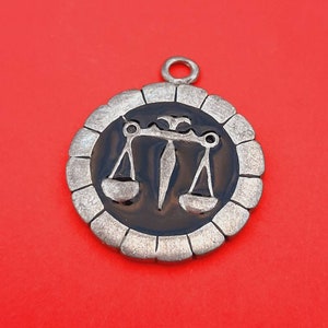 Vintage large black enamel charm of zodiac sign libra, old libra medal pendant, enamel libra constellation charm