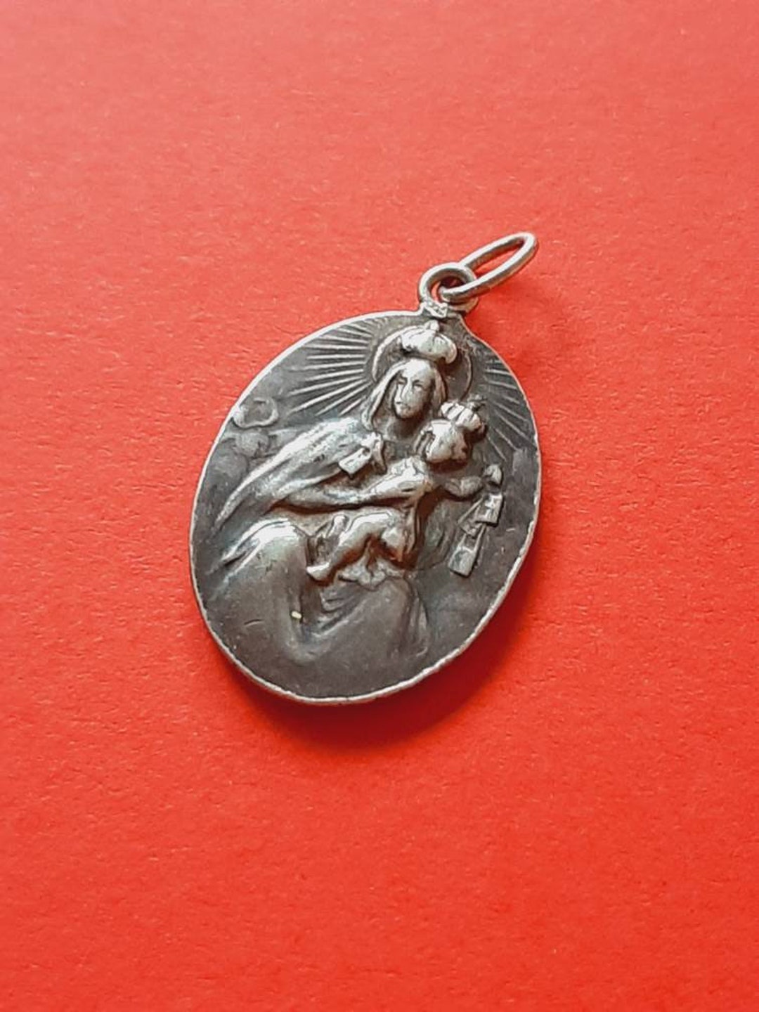 Vintage Religious French Oval Silver Plated Medal Pendant of Our Lady ...