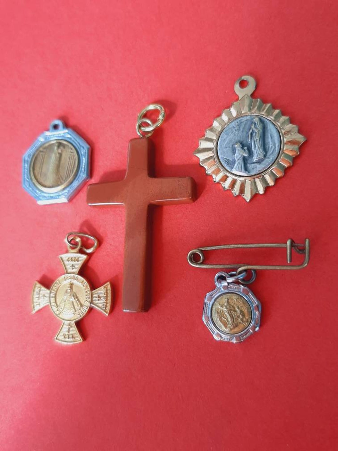 Vintage Religious Catholic Items, Old Christian Crosses and Religious Medal Pendants of Our Lady