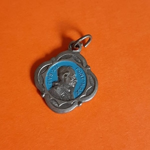Vintage religious Catholic Italian silver plated with blue medal pendant of Pope Pius XII, Roma