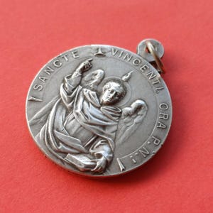 Vintage religious Catholic rare silver plated medal pendant of Saint Vincent and Our Lady of Sorrows, Our Lady of Sorrows charm