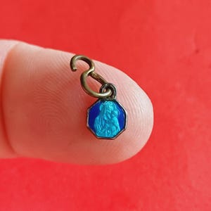 Vintage religious Catholic French very tiny blue enamel medal pendant of Our Lady and Child Jesus, miniature pendant charm of Our Lady