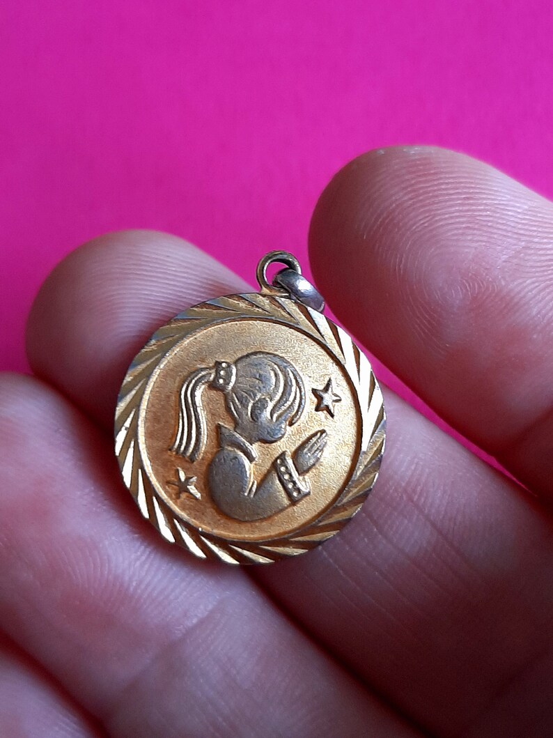 Vintage French brass medal pendant medallion charm of a young praying girl Child gift for the First Holy Communion or Confirmation