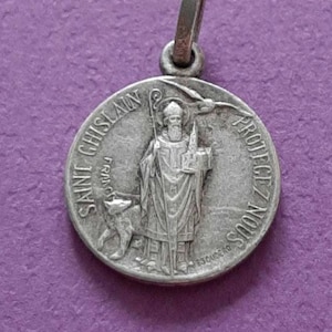 Vintage religious Catholic French signed silver plated medal pendant of Saint Ghislain, Ghislenus and Virgo Mary, St Ghislain charm
