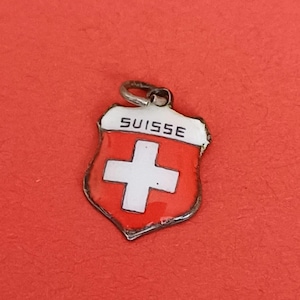 Vintage silver 800 and enamel travel shield charm of Switzerland, souvenir Switzerland, flag Schweiz, heraldry Swiss
