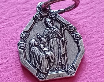 Vintage religious Catholic French tiny detailed silver plated medal pendant of Saint Blaise, St Blaise charm, St Blasius medal pendant