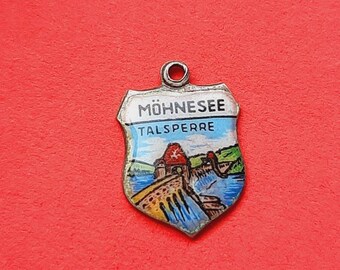 Vintage enamel and silver 800 travel charm of the Möhnesee Germany, Möhnesee Talsperre pendant souvenir