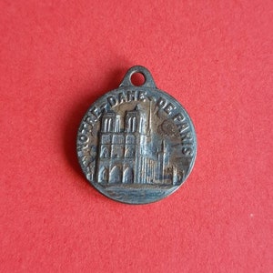 Vintage religious Catholic French copper medal pendant of Our Lady of Paris and St Christopher, Notre Dame de Paris, Montmartre Paris France