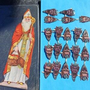 Antique Victorian Austrian scrap sheet set of St Nicholas and Krampus Devils, F. Klein Wien c. 1900, antique Krampus & Saint Nicholas scrap