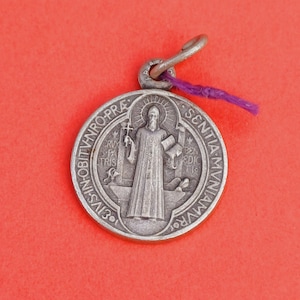 Vintage religious Catholic silver plated medal pendant of Saint Benedict, St Benoit, St Benedictus, Saint Benedict charm