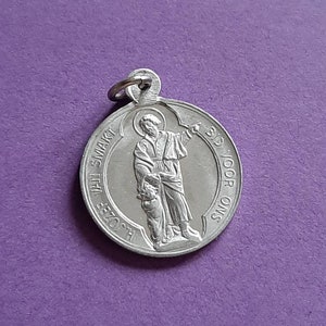 Vintage religious Catholic Dutch aluminum medal pendant of Saint Joseph and the Holy Family, old St Joseph, Smakt Venray