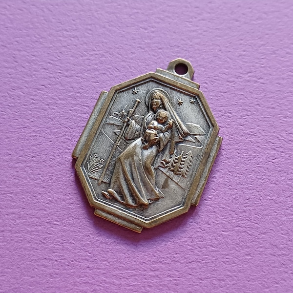 Vintage religious Catholic Italian silver plated medal pendant of Our Lady with Child Jesus, Notre Dame de la Route, Madonna della Strada