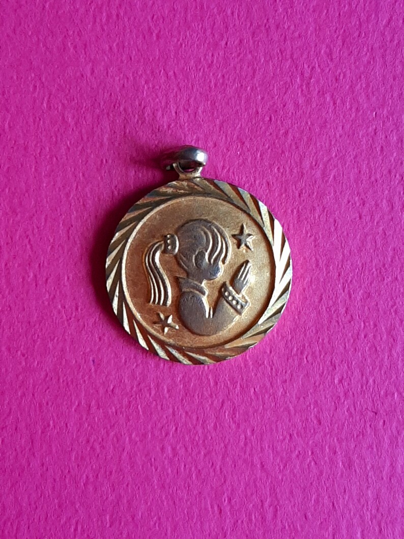 Vintage French brass medal pendant medallion charm of a young praying girl Child gift for the First Holy Communion or Confirmation
