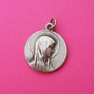 Vintage religious Catholic French signed silver plated charm of Our Lady of Rosa Mystica, Our Lady of Lourdes France medal pendant