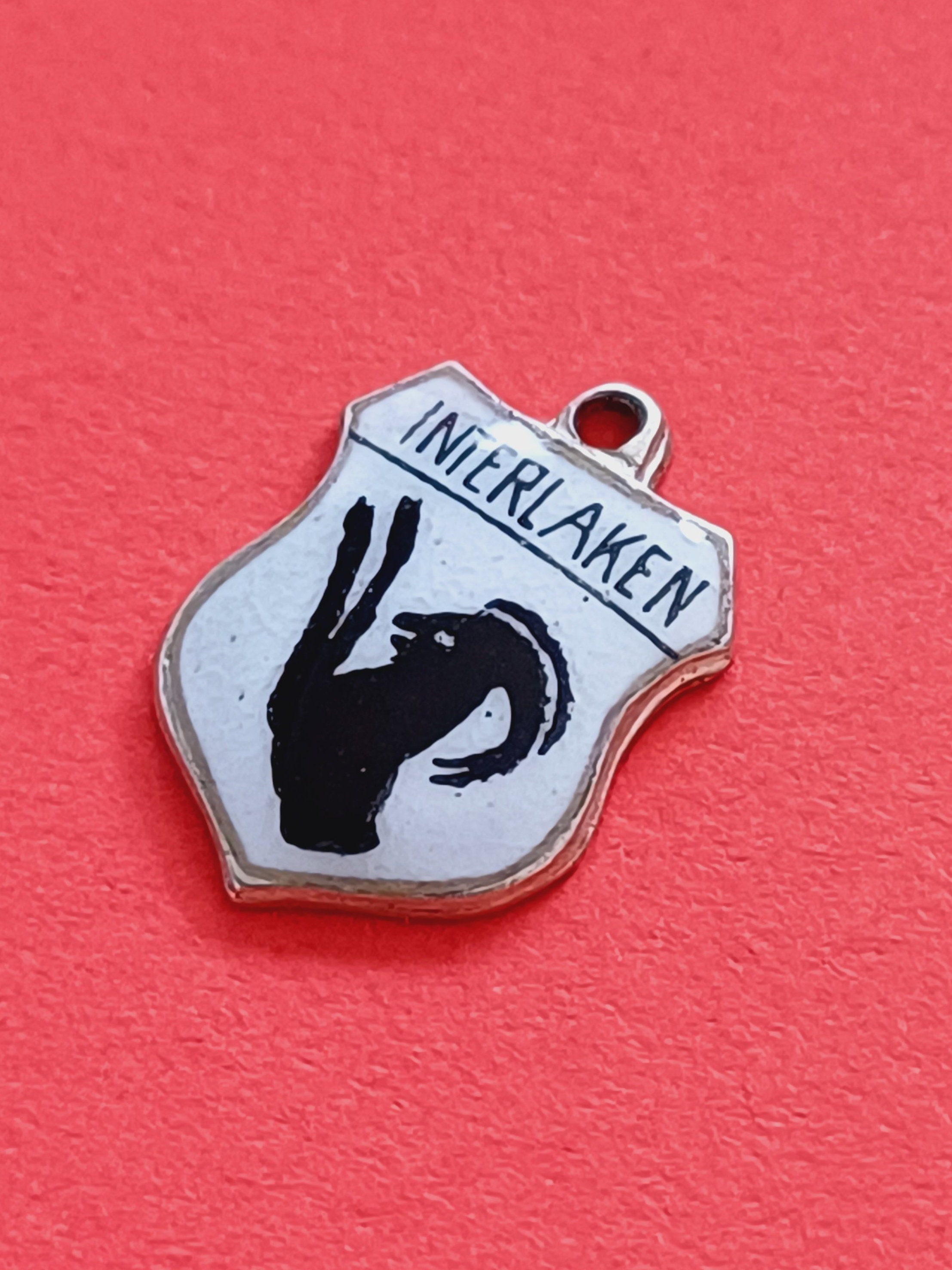 Vintage Swiss 800 silver and enamel charm of Interlaken, travel shield charm of Interlaken Switzerland, heraldry Interlaken pendant charm