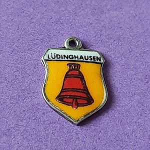 Vintage German silver 800 and enamel travel shield charm of Lüdinghausen Nordrhein Westfalen Germany, Kreis Coesveld, heraldry bell