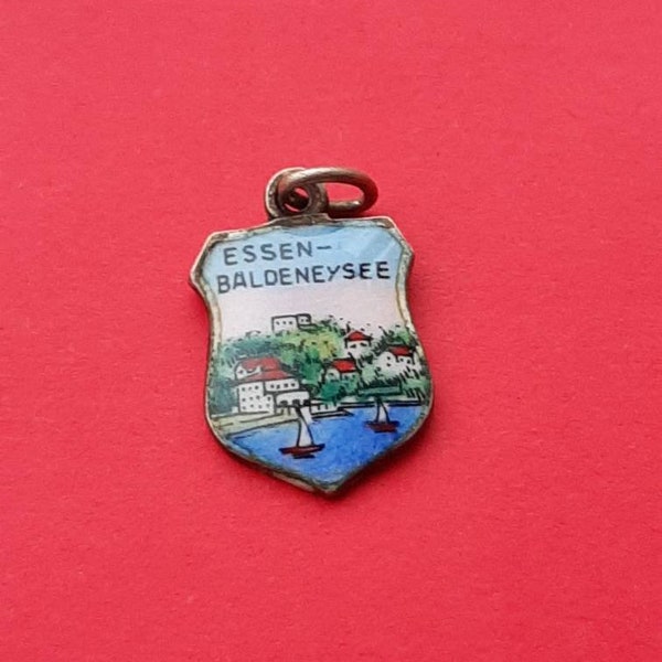 German vintage silver 800 and enamel travel shield charm of Baldeneysee Essen Germany, Essen Baldeneysee, lake Baldeney