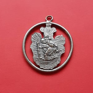 Vintage religious Catholic openworked silver plated medal pendant of Saint Christopher, St Christopher, St Christopher charm