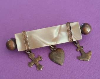 Antique Victorian French brooch with symbols, old brooch with symbols charms, faith hope and love brooch