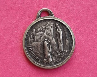 Religious French Catholic vintage, signed Jean Balme, silver plated medal pendant of Our Lady of Lourdes, Notre Dame Lourdes France, ND