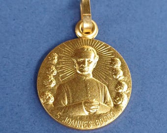 Vintage religious Catholic matt gold plated medal pendant of Johannes Bosco, St John Bosco charm