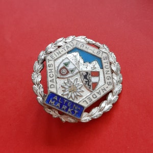 May include: A silver and blue enamel pin with a wreath of leaves around the edge. The center of the pin features a mountain range, a white edelweiss flower, and the text "Dachstein-Tauern-Leis-Stuns-Nadel Alten-Markt".
