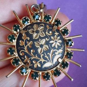 Vintage large Toledo Damascene black and gold colored medal pendant charm medal with flowers, Toledo charm decorated with green stones